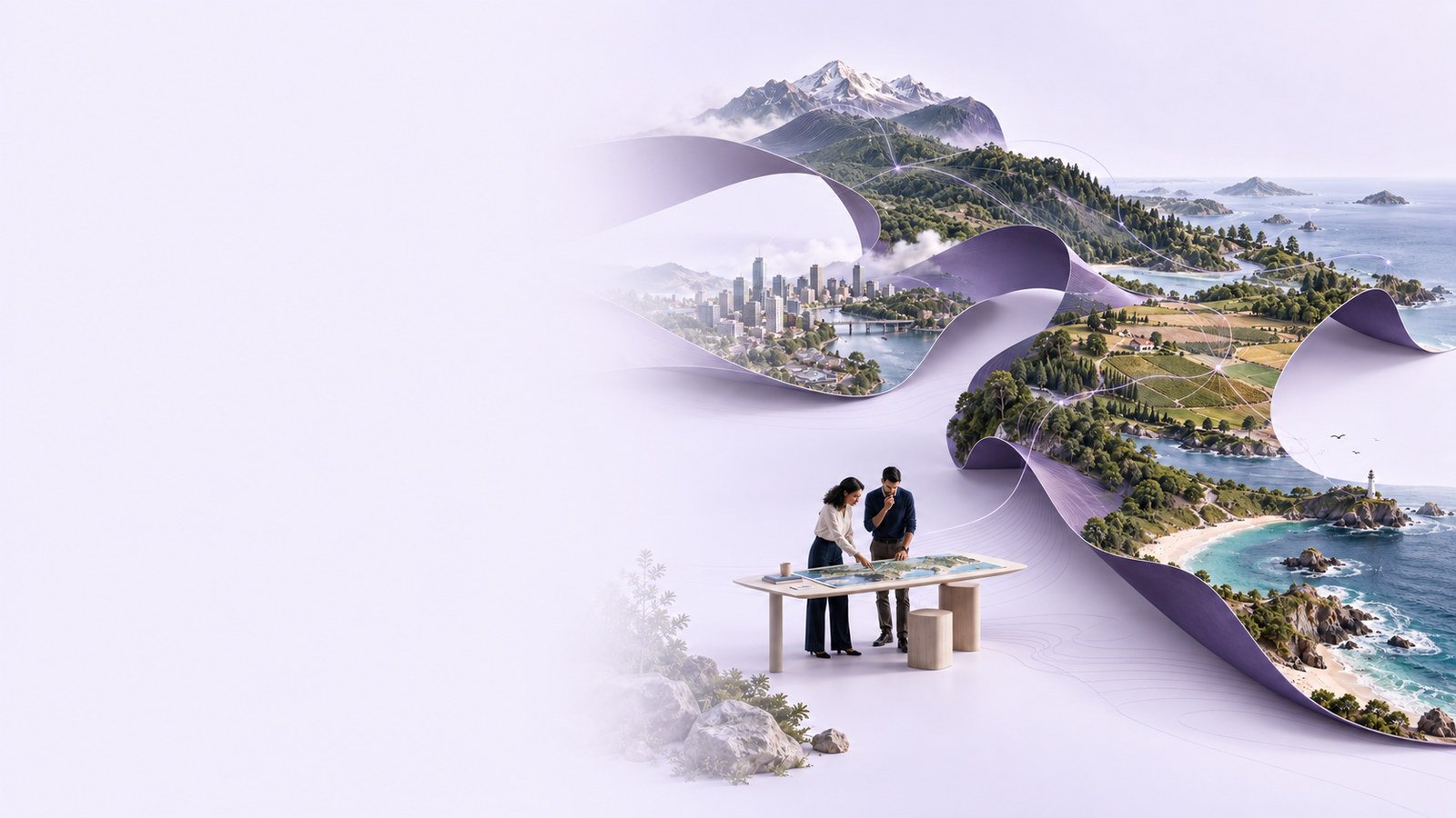 Connected landscapes, cities, and people exploring a map together.
